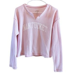 Nantucket Spellout Top Size Medium Pastel Pink Lightweight Thermal Knit